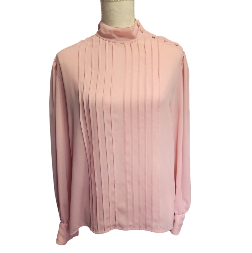 Vintage 1980s-1990s Josephine romantic pink high-neck pleated blouse